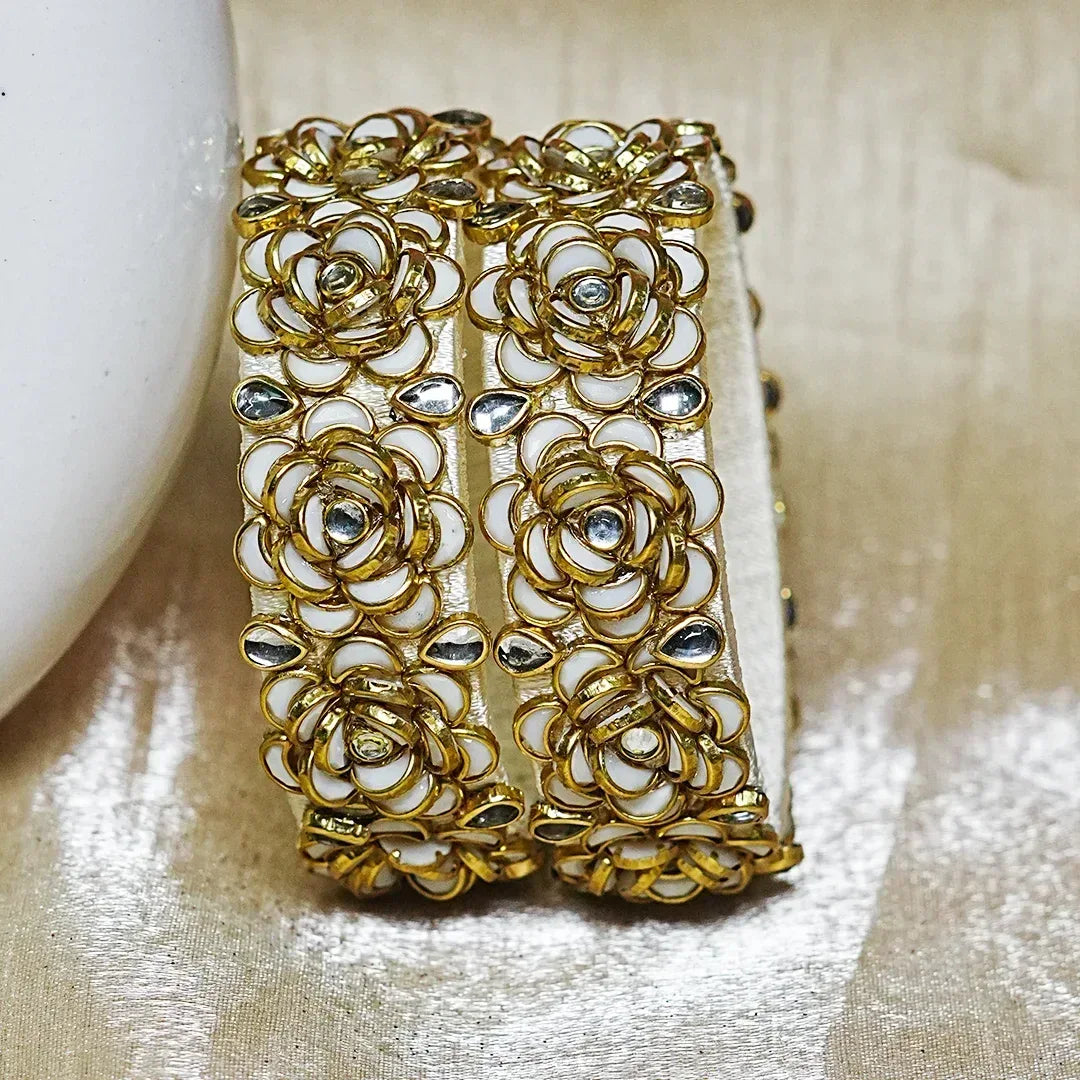 Handmade Thread Kada Bangle with Rose Motif and Kundan Work for Women & Girls (Pack of 2) - The Golden Cascade